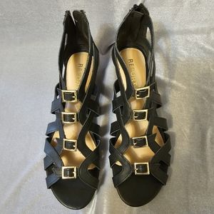 Report Annalise Black Buckle Wedge Gladiator Sandals Shoes Women's 9 NIB